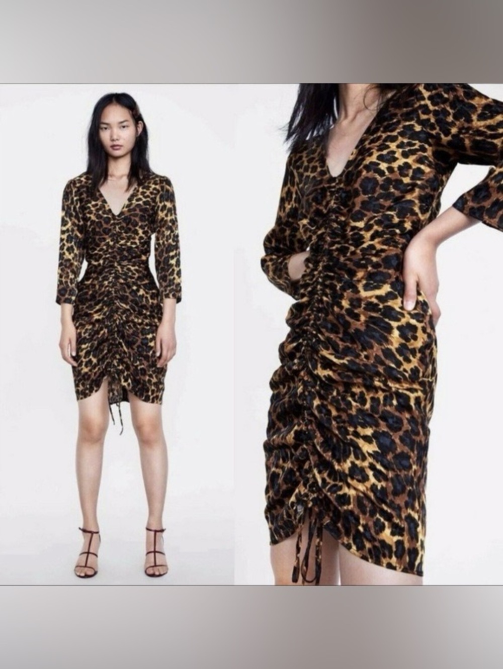 Zara Leopard Print Ruched V-Neck Dress - Brown